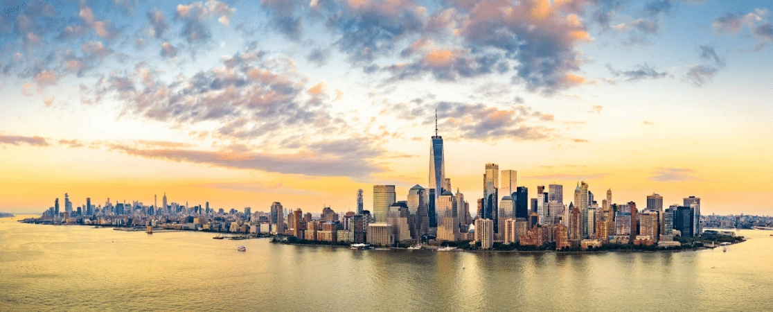 A view of New York City at sunset
