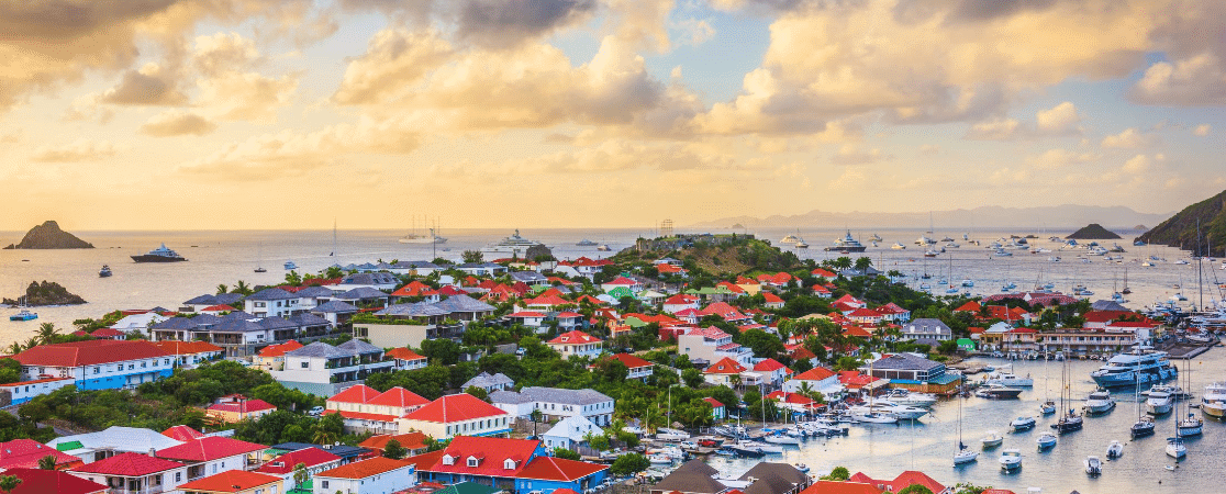 An aerial view over St Barts in the Caribbean