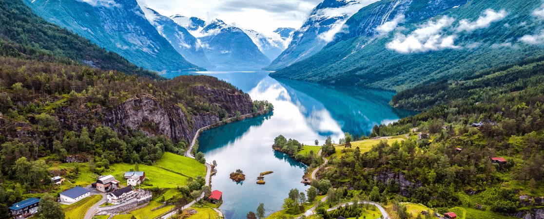 The Norwegian Fjords winding between mountains