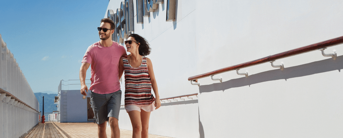 A couple on the deck of a Cunard ship